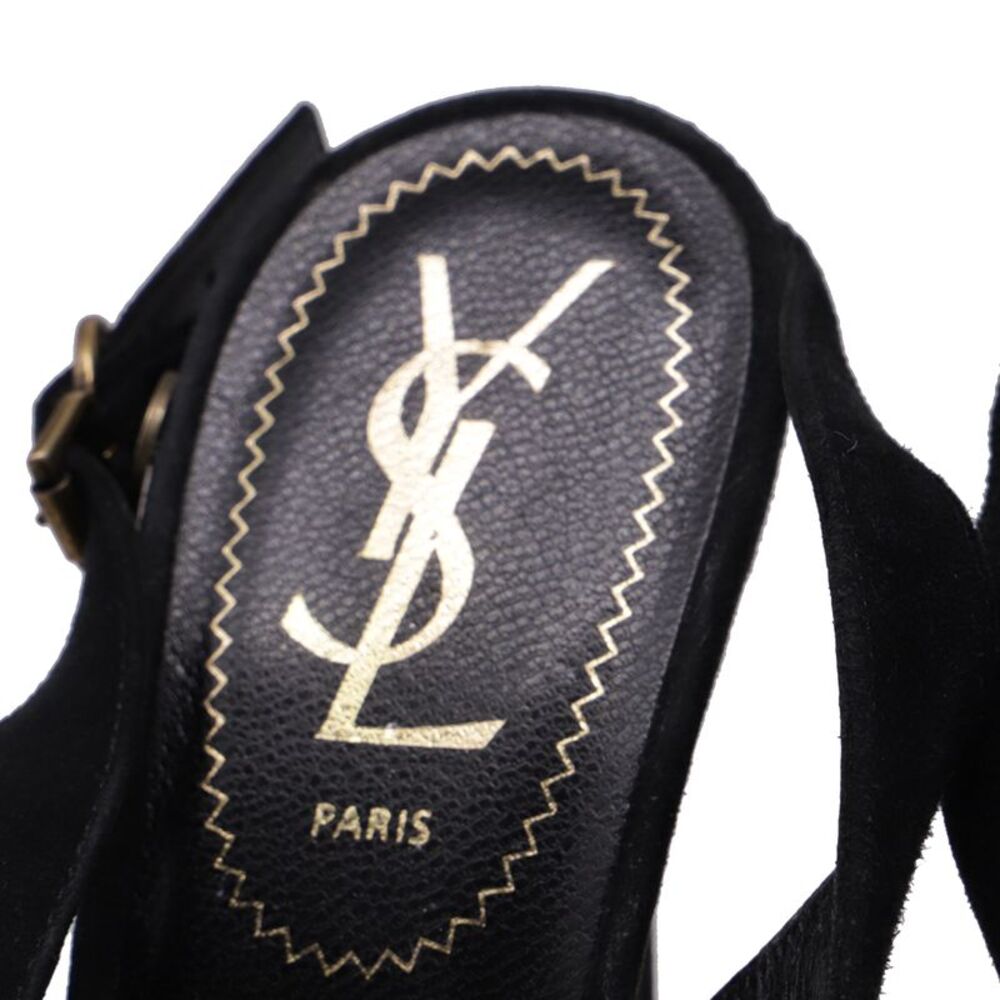 Saint Laurent Cross Strap Peep-Toe Platform Pumps in Black Suede - Picture 6 of 11